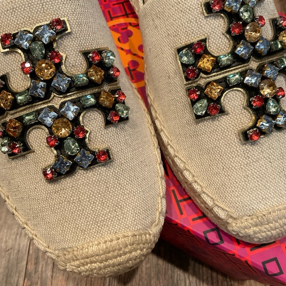 Tory Burch Beige Espadrille Flats with Multicolor Jeweled Logo - Picture 2 of 5